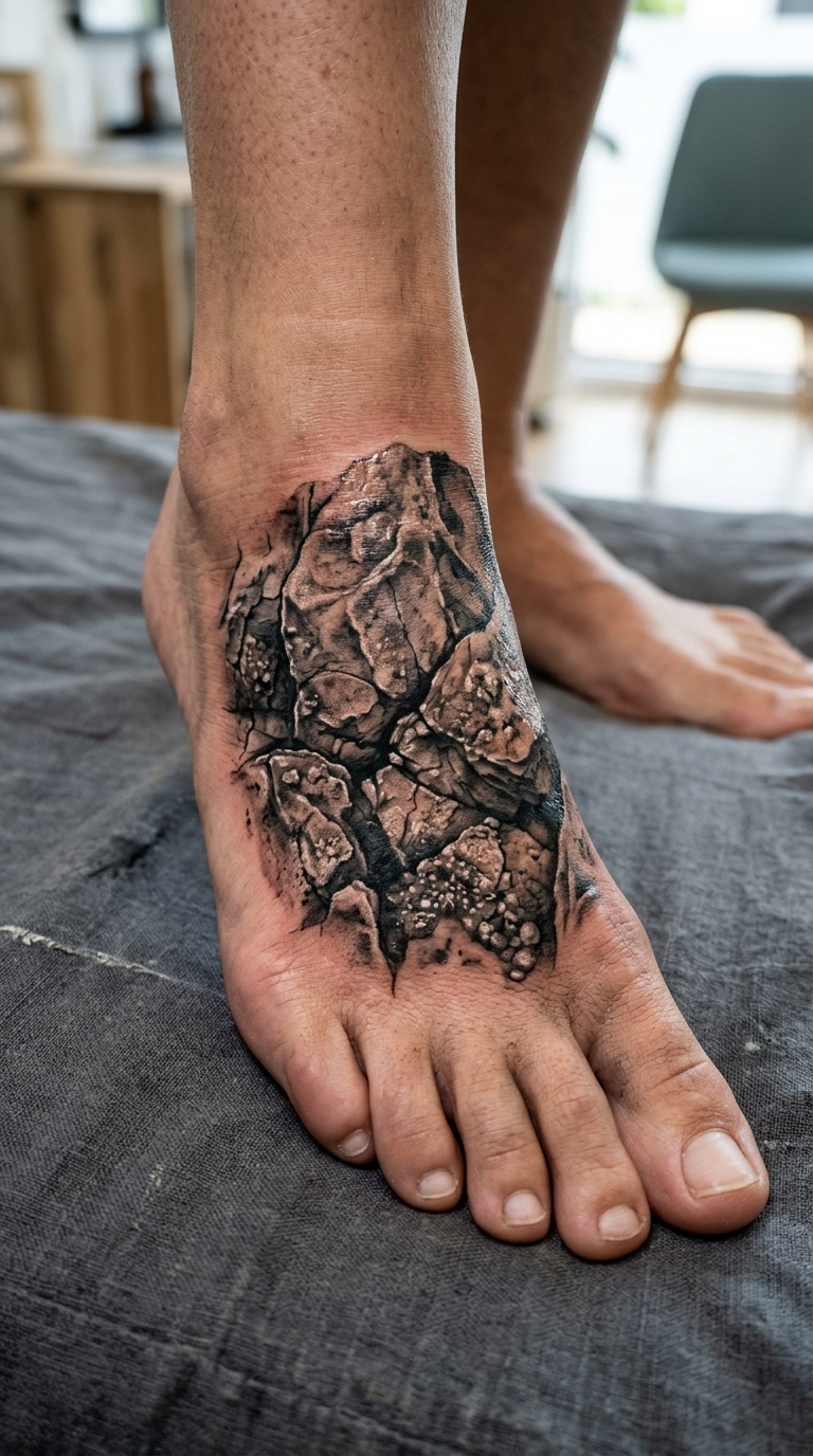 Verwitterter Fels als 3D Tattoo für den Fuß