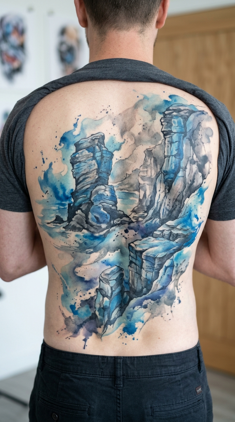 Verwitterter Fels als Aquarell Tattoo für den Rücken