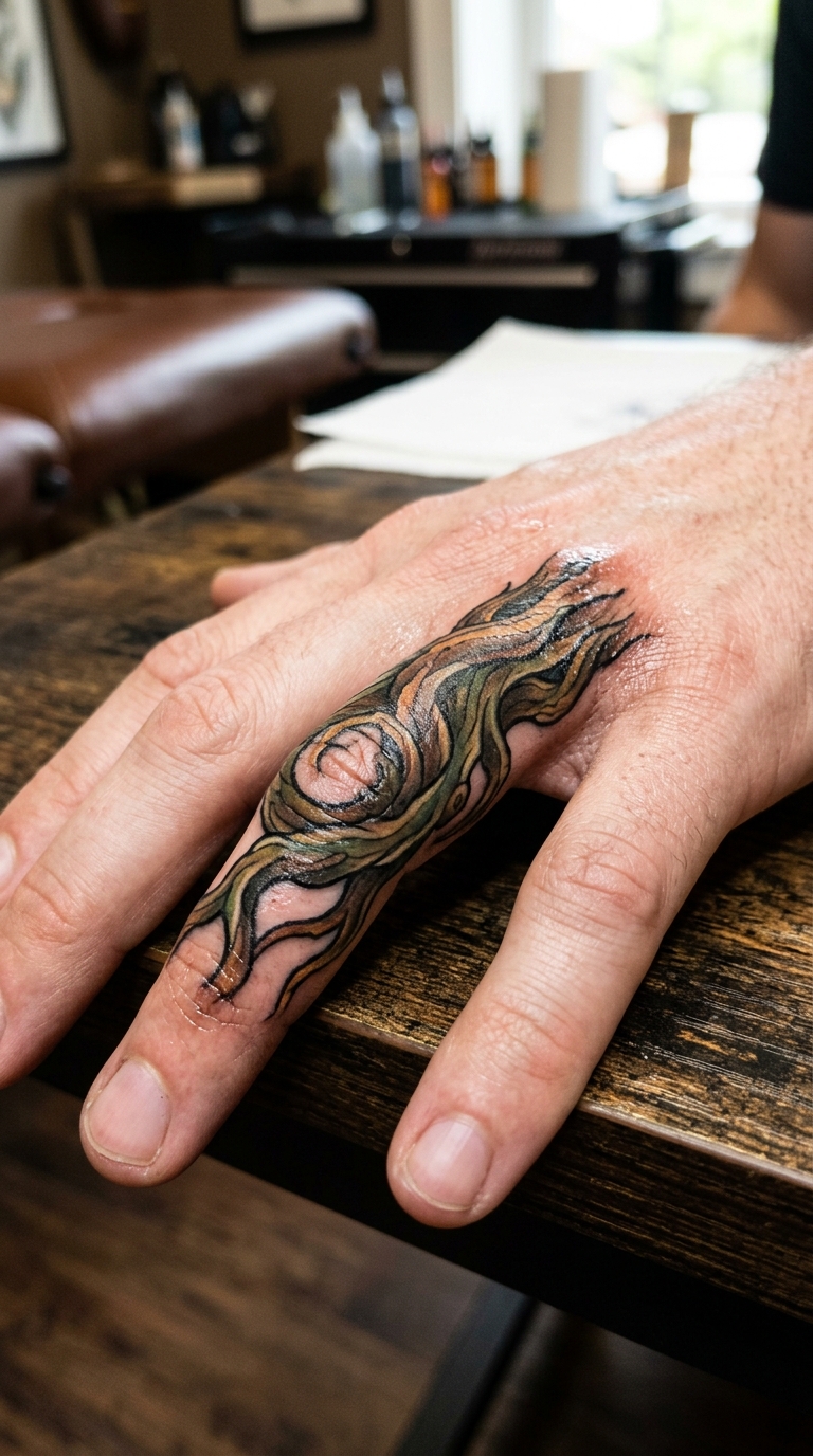 Verwunschene Wurzeln als Neo Traditional Tattoo für den Finger