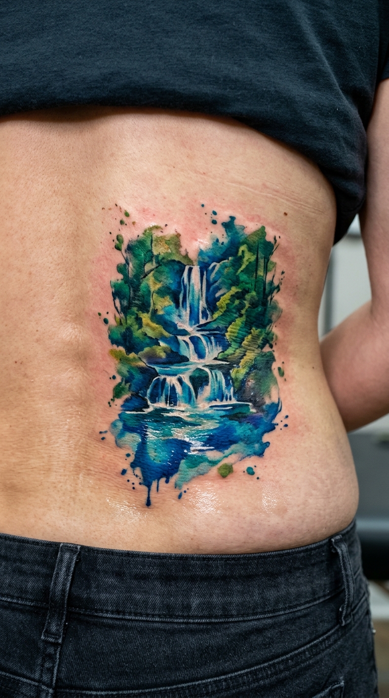 Wasserfall im Wald als Aquarell Tattoo für das Steißbein