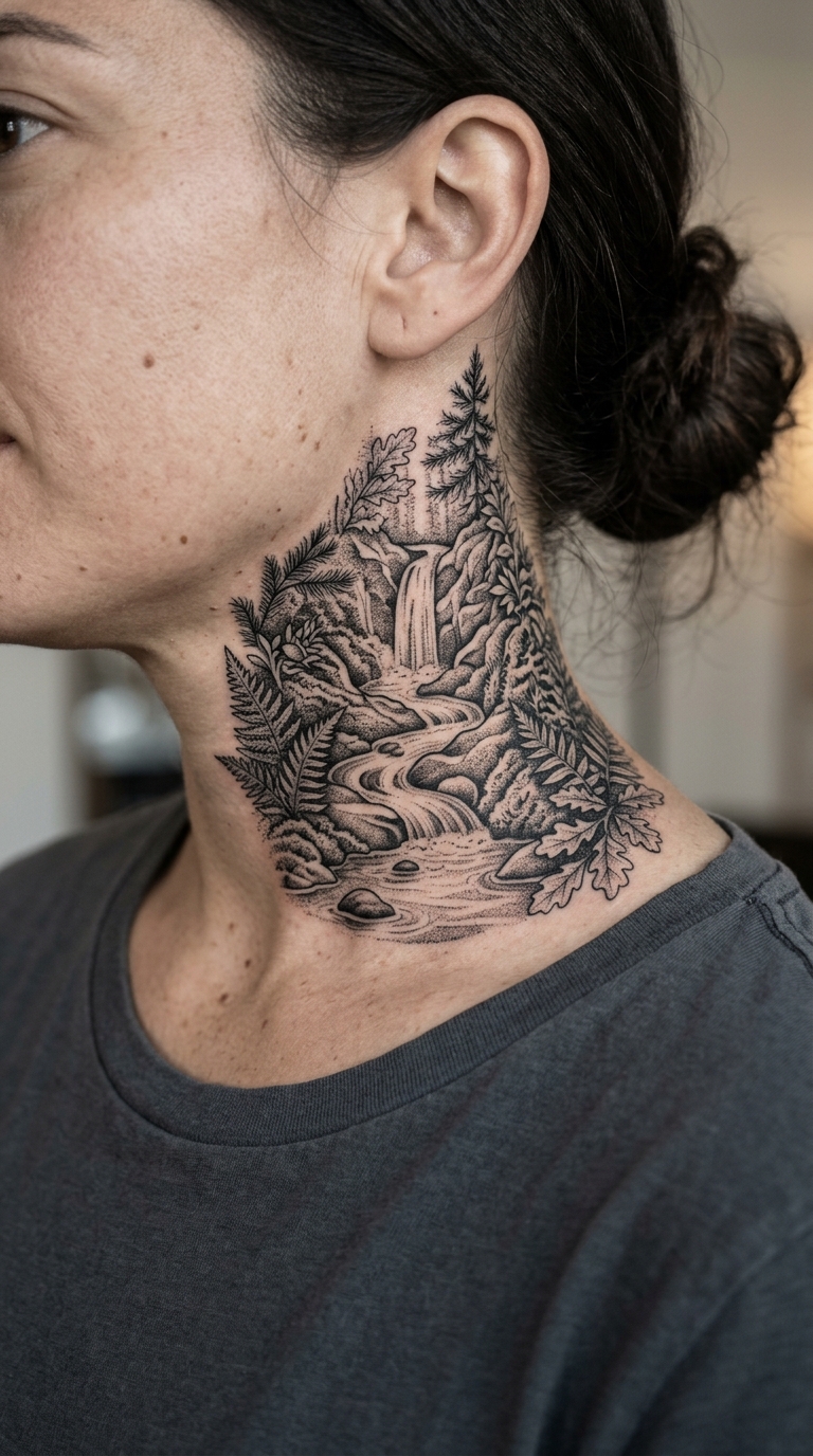 Wasserfall im Wald als Dotwork Tattoo für den Hals