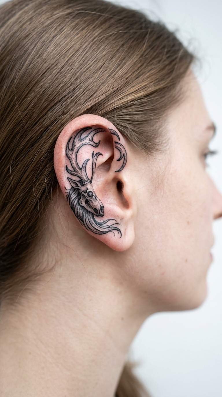 Wendigo als Dotwork Tattoo Idee für das Ohr