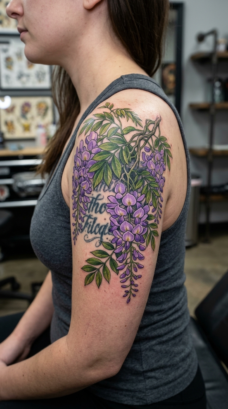 Wisteria Ranken als florale Cover up Tattoo Idee für die Schulter