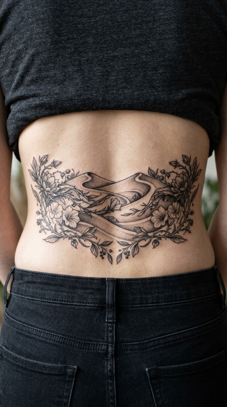 Wüstendünen aus Blumen als Tattoo Vorlage für das Steißbein