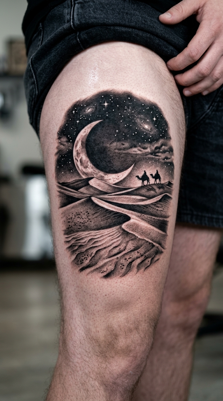 Wüstendünen bei Mondschein als Realistic Tattoo für den Oberschenkel