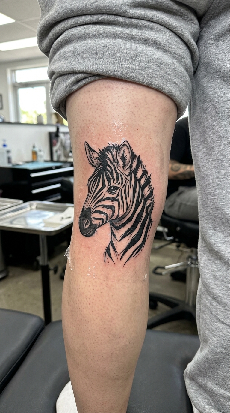 Zebra als Anime Tattoo Idee für die Kniekehle