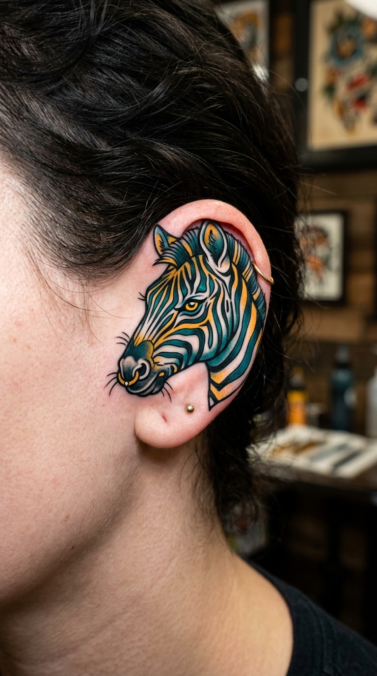 Zebra Tattoo Idee für das Ohr