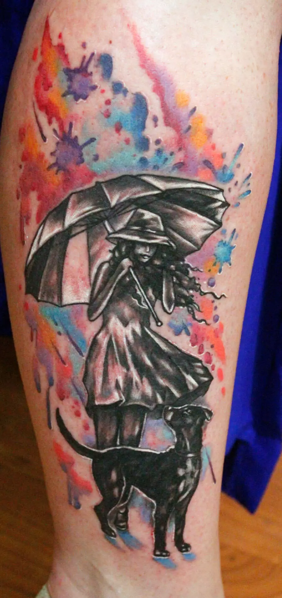 Watercolor Regen Hund Frau mit Regenschirm