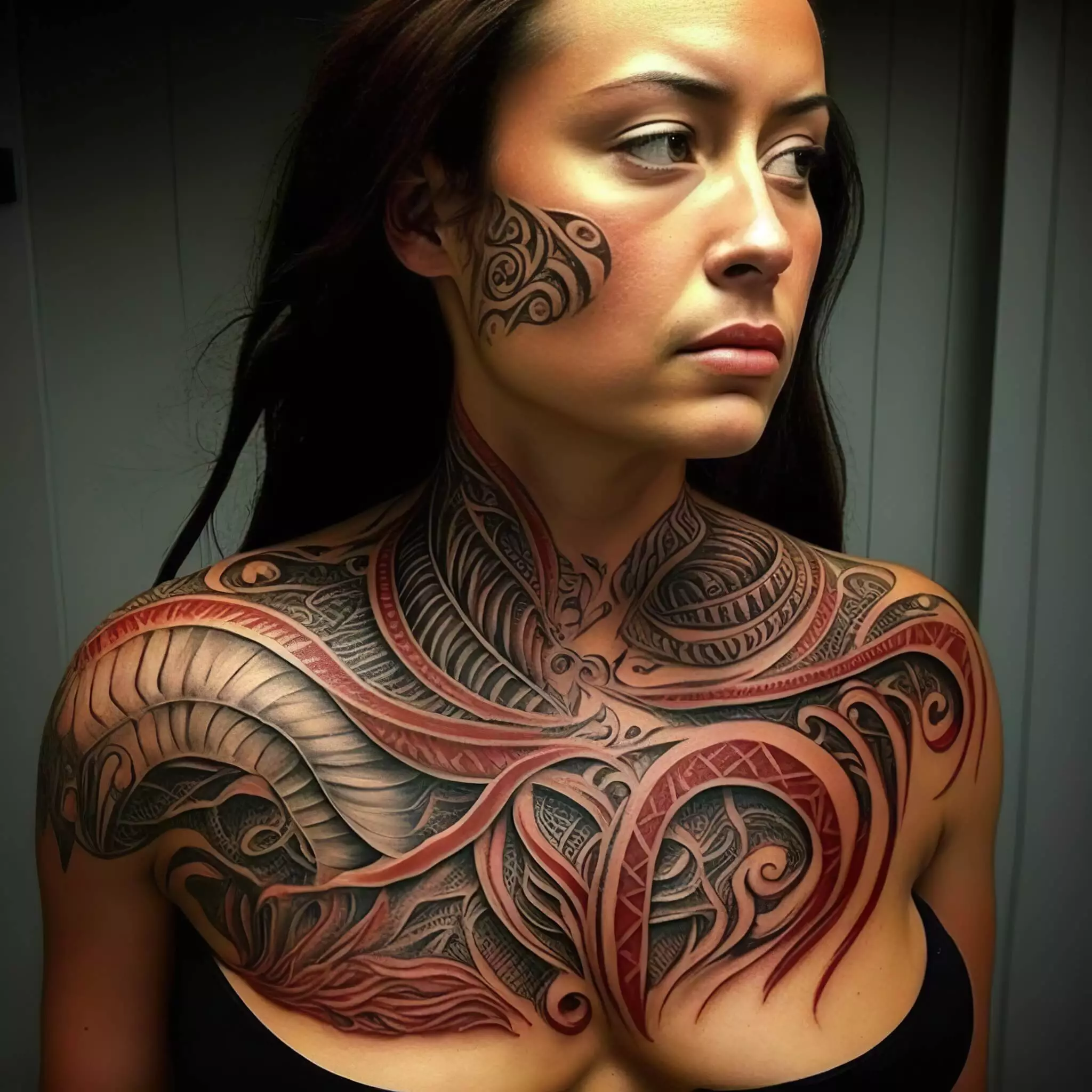 Tribal-Maori-Chestpiece: Einzigartiges Tattoo-Design auf der Brust einer Frau