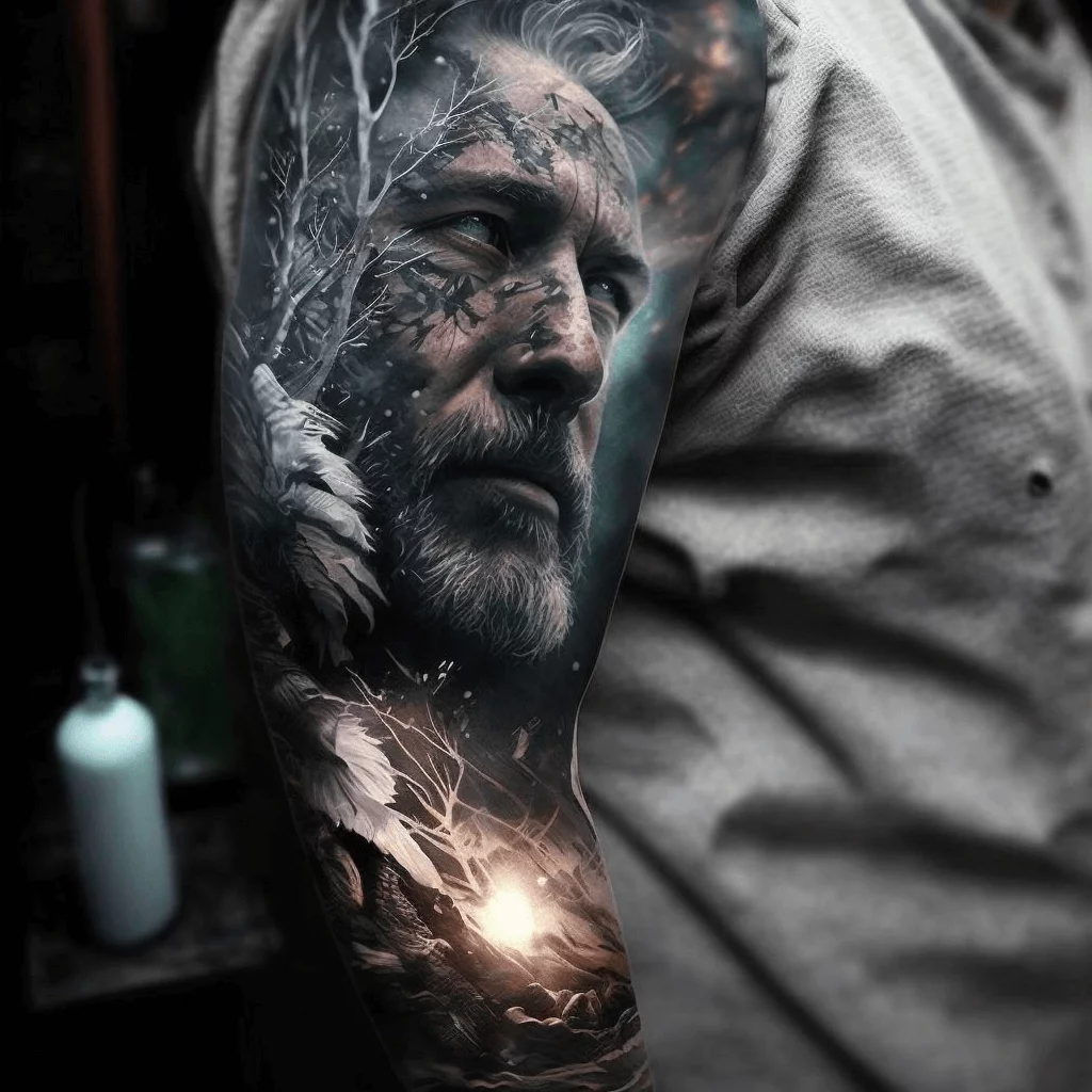 Realistisches Arm-Sleeve-Tattoo: Mann im Einklang mit der Natur